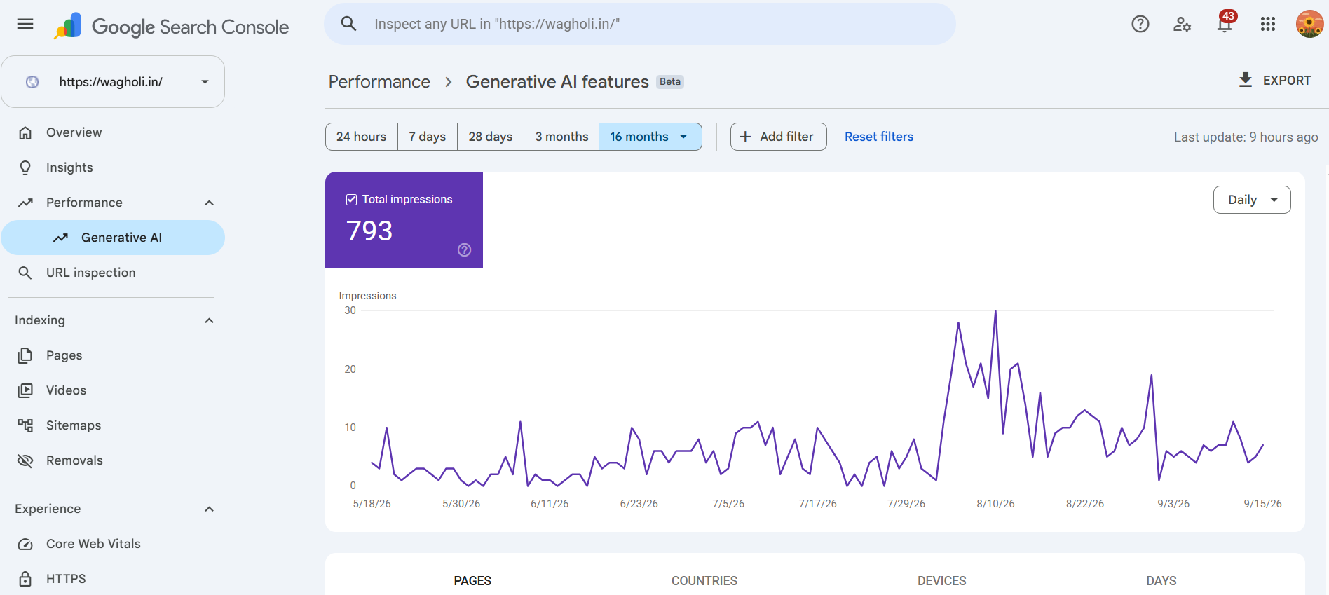 Wagholi.in Google Search Console Generative AI performance showing 793 impressions